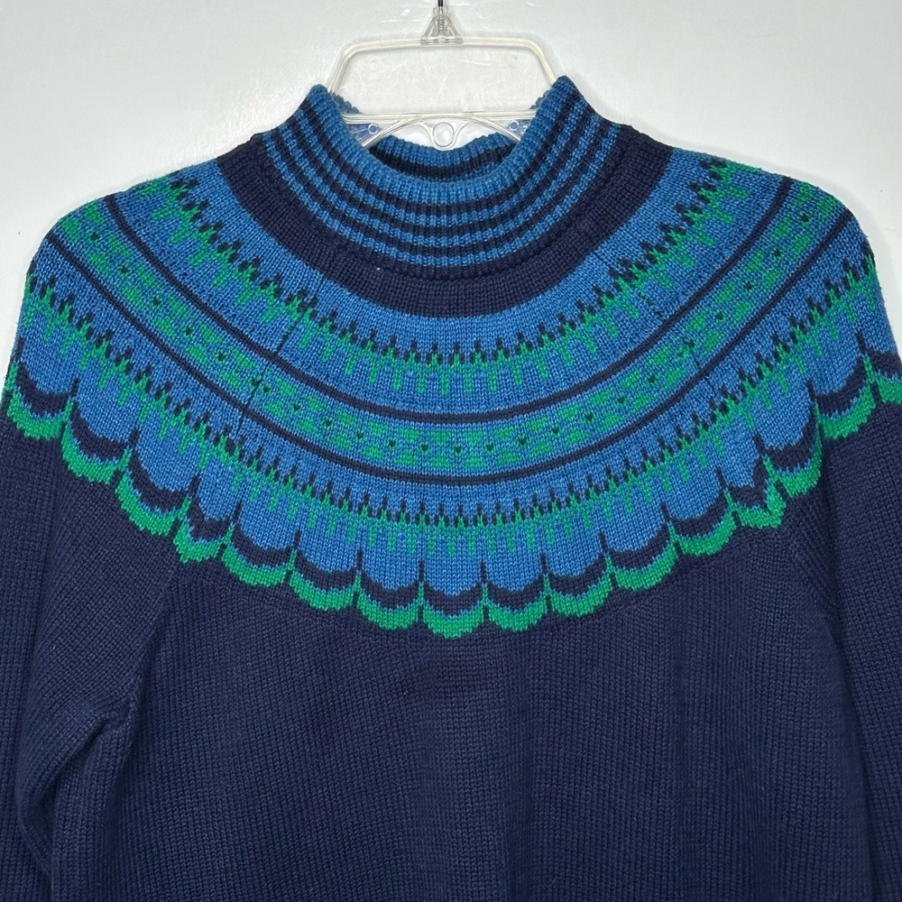 Isaac Mizrahi Live Womens Navy Fair Isle Fringe Hem Mock Neck Tunic Sweater Sz M - Picture 6 of 6